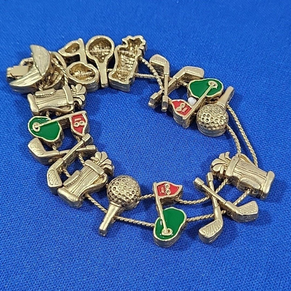 Vintage Golf Themed Charm Bracelet Gold-Tone Sliding Tee‎ Time Charms